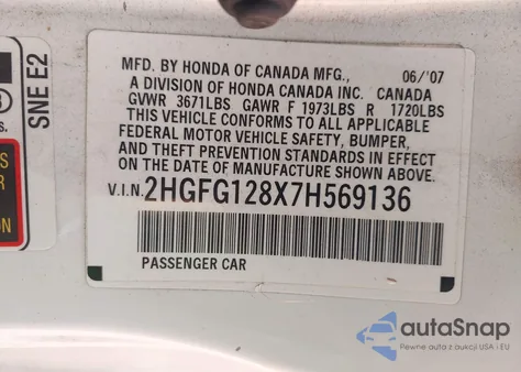 2007 Honda Civic Ex из США, поврежденный, VIN 2HGFG128X7H569136